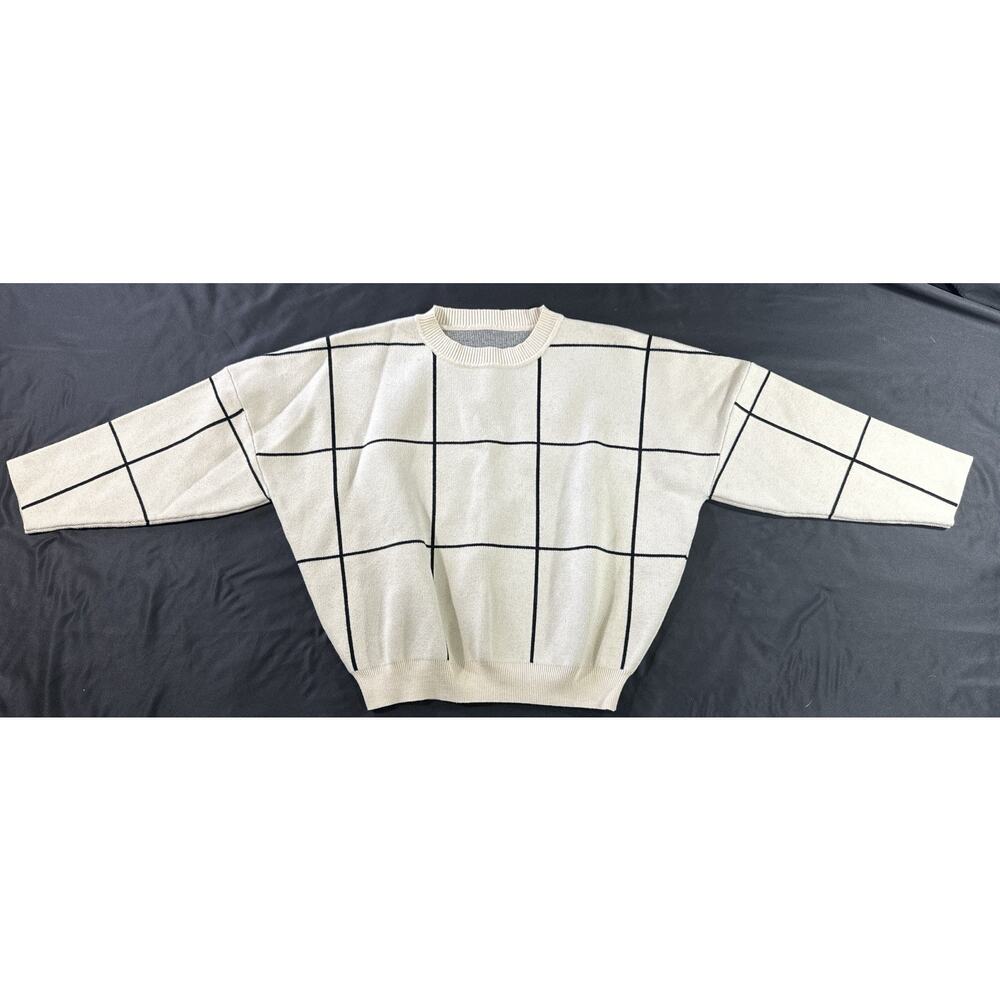 Chicwish Wool Blend Windowpane Grid Sweater Cream Black Boxy Pullover M/L - Picture 4 of 10